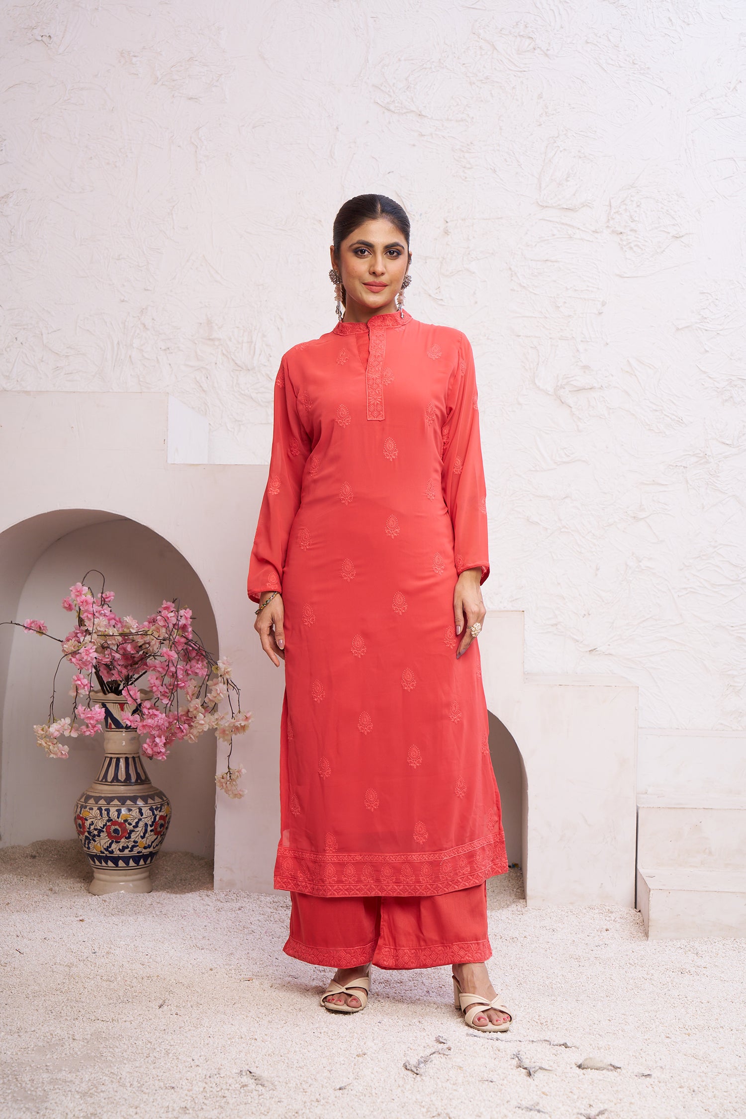 Clothiks Heavy Fox Gorgert with embroidery work Inner Stiched kurti
