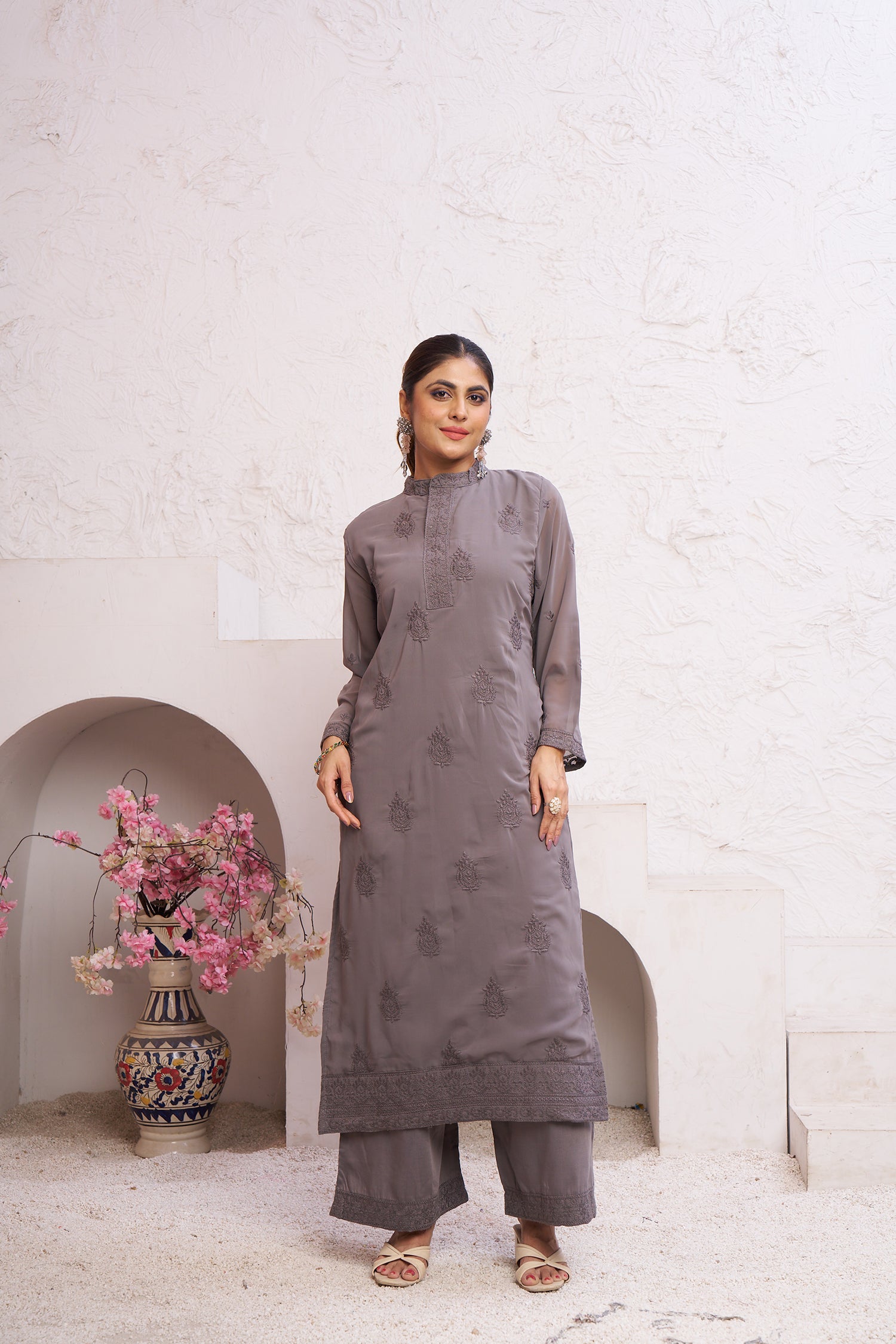 Clothiks Heavy Fox Gorgert with embroidery work Inner Stiched kurti